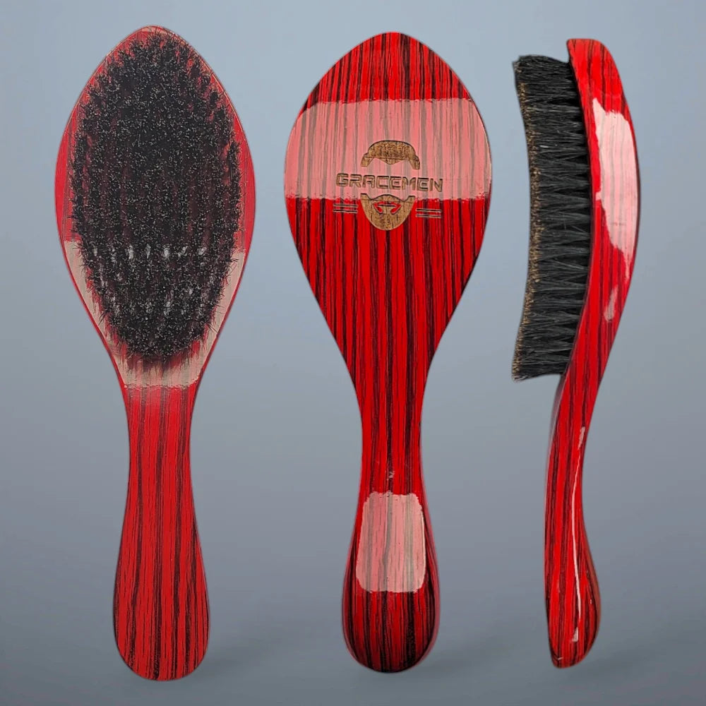 Gracemen Wave Brush 100% Boar Bristles w/ Curved Wooden Handle