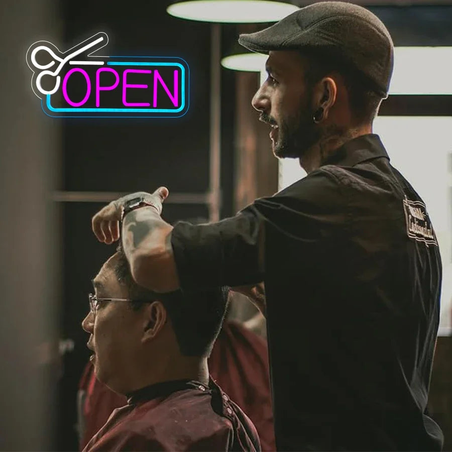 Neon open sign for Barbershop
