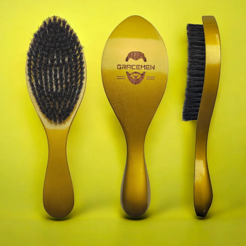 Gracemen Wave Brush 100% Boar Bristles w/ Curved Wooden Handle